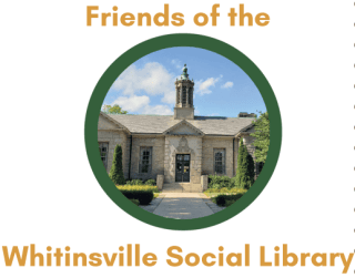 Friends of the Whitinsville Social Library logo featuring a circular photo of the historic library building exterior