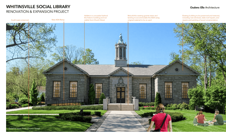 Whitinsville Social Library renovation and expansion project exterior rendering by Oudens Ello Architecture